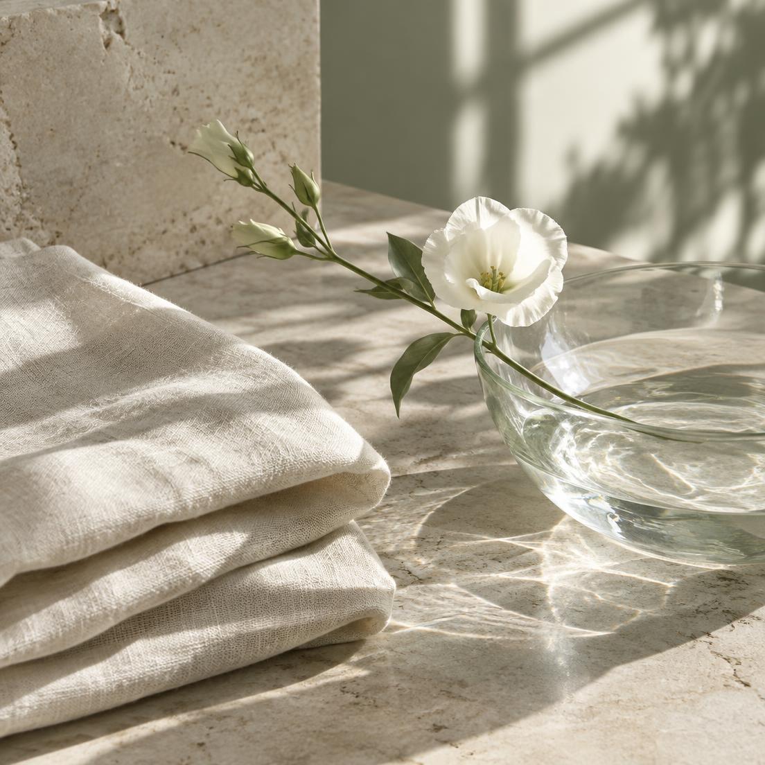 Linen and flowers in a serene skincare setting
